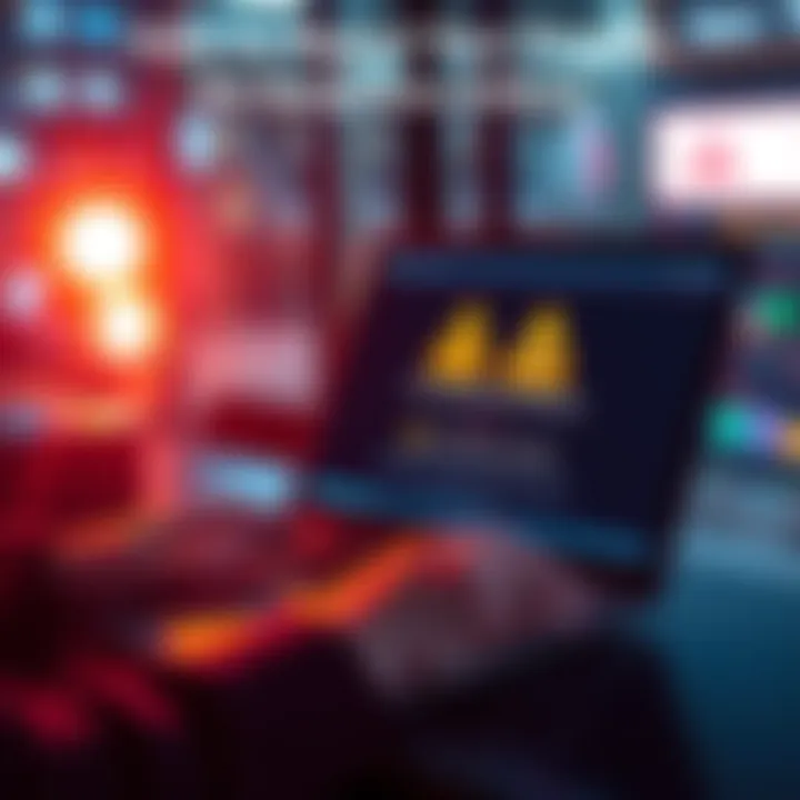 A person using a laptop to report a suspicious website for malicious activity, with a warning sign on the screen.