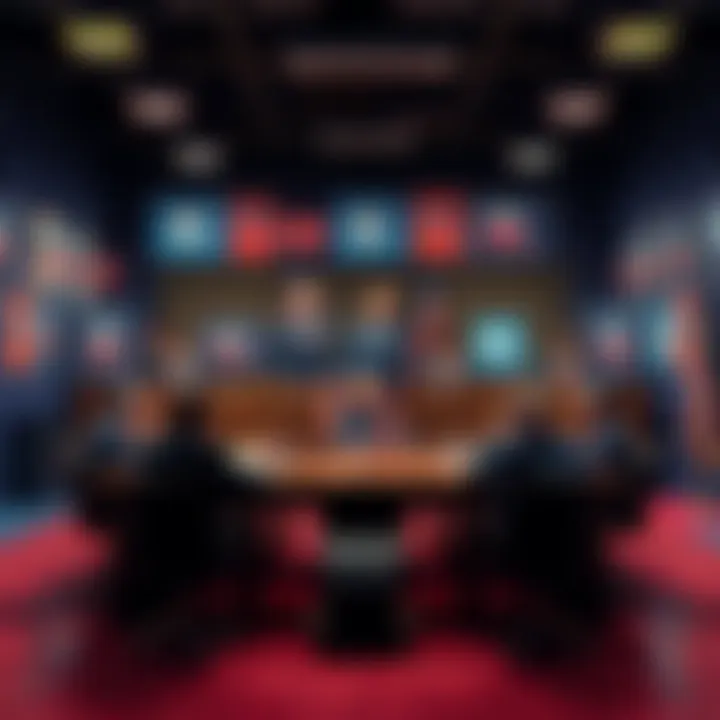 A group of Republican leaders discusses issues in a heated meeting surrounded by campaign posters.