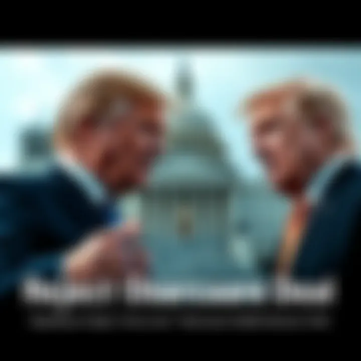 A split image showing Republican and Democratic leaders in a tense discussion, with government buildings in the background.