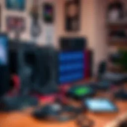 A setup of mining hardware being used for MeshCore and Meshtastic services, showcasing various cables and devices in a home environment