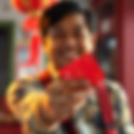 Request for Help A person holding a red packet with an open hand, looking hopeful and grateful, symbolizing a plea for community support.