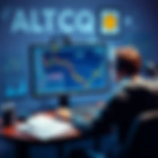 A person analyzing altcoin charts and data on a computer, surrounded by notes and charts