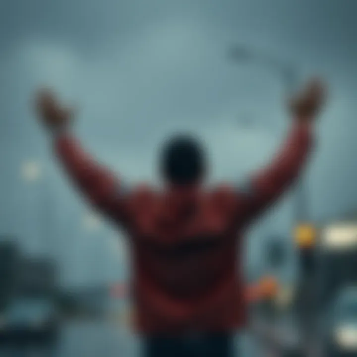 Individual with arms raised, embracing the rain during a storm, symbolizing resilience and hope.