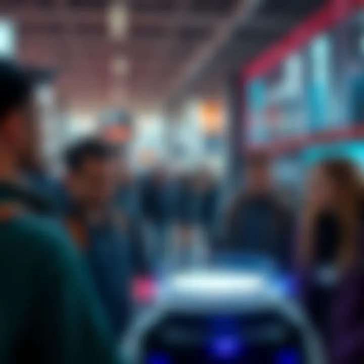 A group of people looking skeptically at a futuristic invention in a public space.