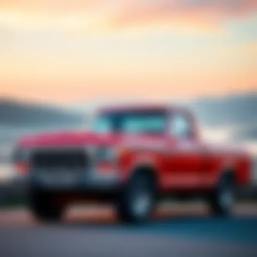 A bright red restored 1977 Ford F150 parked with a stunning view in the background, showcasing its classic design and modern upgrades.
