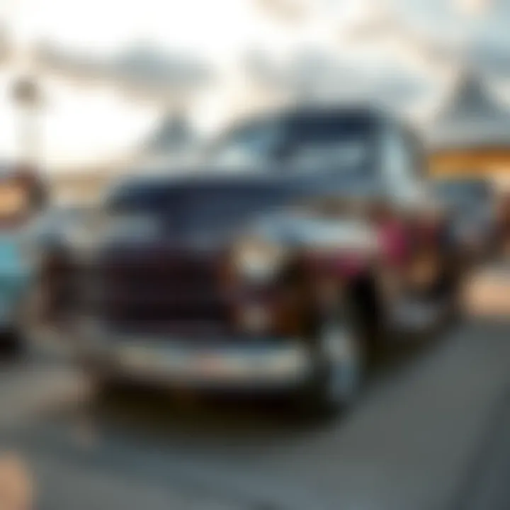 A shiny, restored classic truck parked at an outdoor venue, showcasing its polished paint and vintage style
