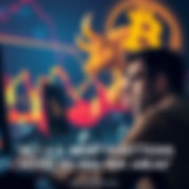 A graphic showing retail investors looking worried while monitoring a Bitcoin chart that is showing a downward trend with a bull symbol rising in the background.