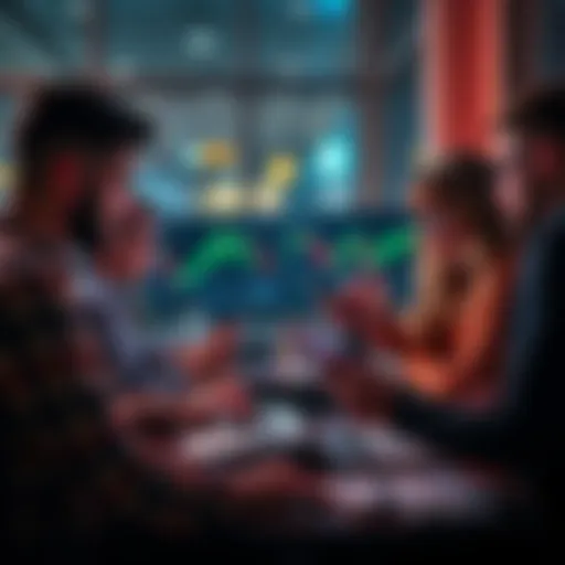 A group of retail investors analyzing Bitcoin price charts on laptops and smartphones in a casual setting, discussing market trends and impacts.