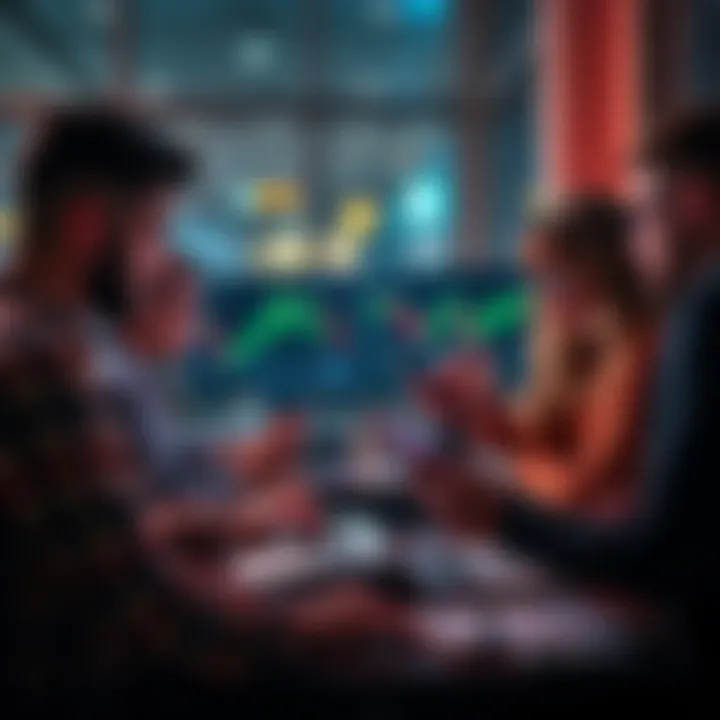 A group of retail investors analyzing Bitcoin price charts on laptops and smartphones in a casual setting, discussing market trends and impacts.