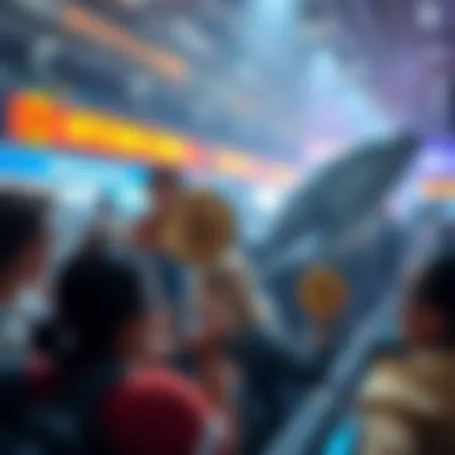 Group of people enthusiastically buying Bitcoin while whales offload their crypto holdings, representing a shift in the market