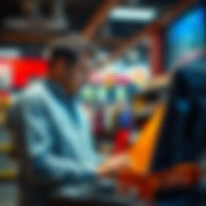 A retail business owner working on a custom Point of Sale system in a store setting, focusing on security and operations.