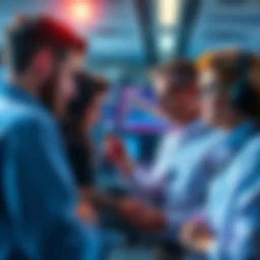 Retail traders researching cryptocurrency Group of retail traders looking at multiple screens with crypto data and charts