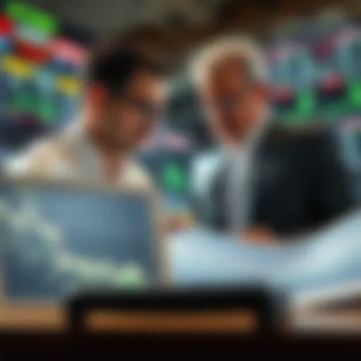 A retail trader looks at stock charts while an institutional investor analyzes data at a desk, representing the struggle for market edge.