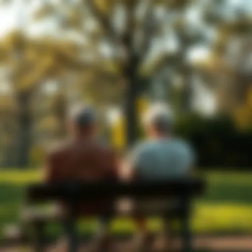 An elderly couple sitting on a park bench, looking contemplative and distant, surrounded by trees, symbolizing feelings of disconnection and searching for purpose in retirement.