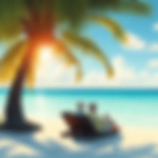 A serene beach scene in the Philippines with a couple relaxing under a palm tree, symbolizing retirement and financial freedom.