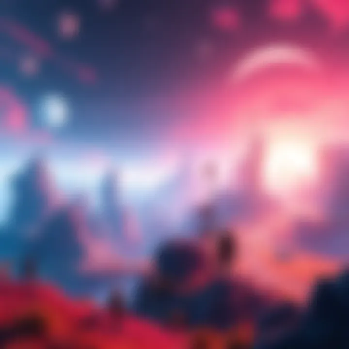A vibrant, pixelated landscape representing the ELF Continent, showcasing primitive 80s and 90s game graphics transitioning into rich 3D environments with characters exploring the area.