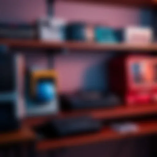 A collection of retro gaming consoles, including C64 and Amiga, with an empty space for an Apple II