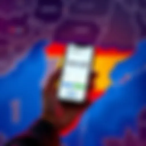 Revolut account benefits while moving A person holding a smartphone with the Revolut app displayed, in front of a map of Spain, illustrating account management during relocation.