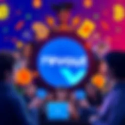 Revolut logo surrounded by cryptocurrency symbols, featuring diverse young people discussing finance