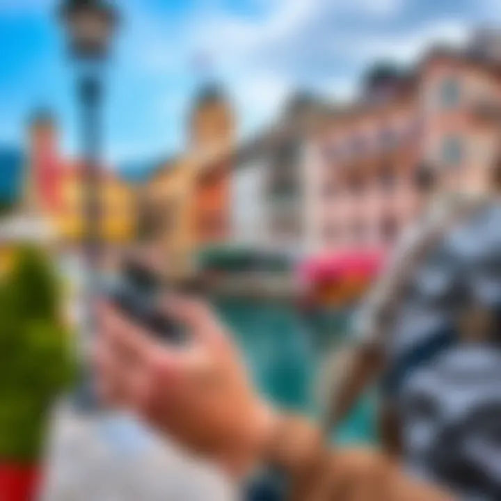 A traveler using a smartphone in Montenegro with a Revolut eSIM for mobile data.