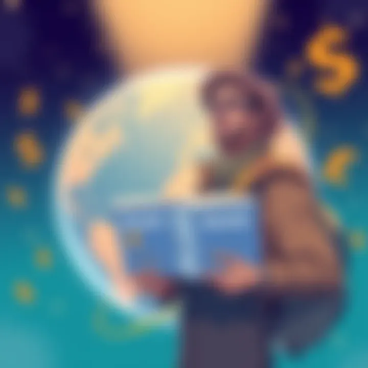 A digital illustration of a traveler comparing Revolut plans with a globe and currency symbols in the background