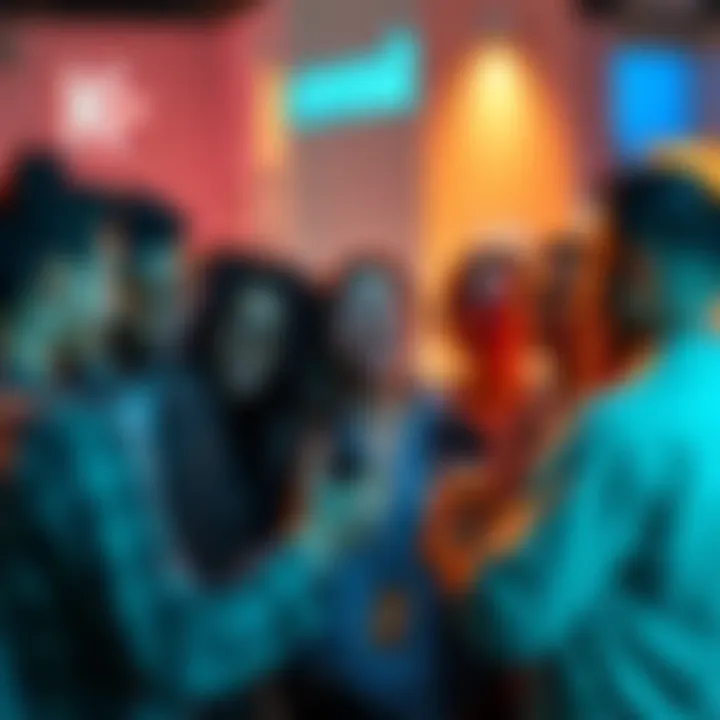 A group of diverse people discussing the free cryptocurrency offer from Revolut with excitement and curiosity.