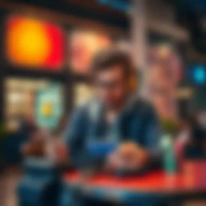 A traveler using a Revolut card and Apple Pay at a cafe in Kazakhstan, with Kazakhstani currency in the background