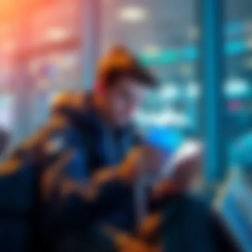 A person checking their Revolut app while planning a trip, with airplane tickets and a travel bag nearby