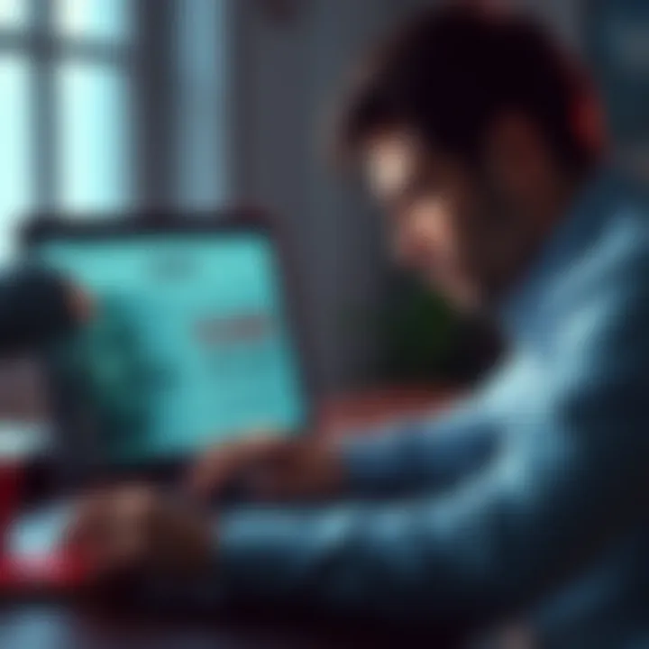 A concerned person looking at a laptop with a closed account notice on the screen, indicating issues with income verification