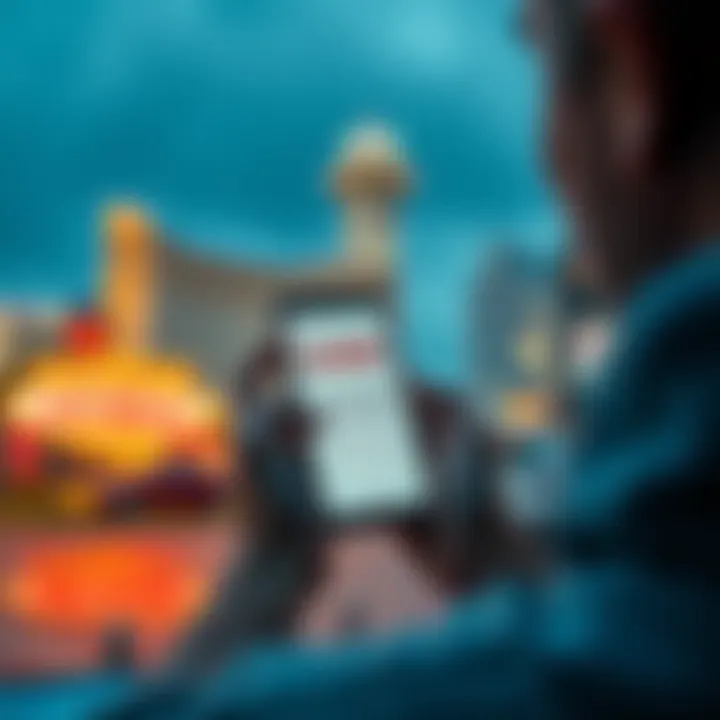 A worried person staring at their phone displaying a closed account notification from Revolut, with Las Vegas travel plans in the background.