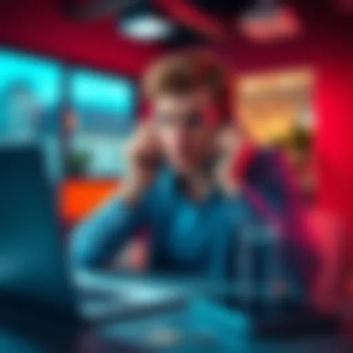 Revolut Account Closure Notification A person looking confused while on the phone with customer support, with a laptop and bank cards on the desk, showing frustration over account issues.