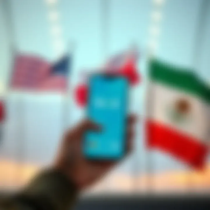 A person holding a smartphone displaying the Revolut app with flags of the US, Poland, and Mexico in the background.