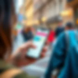 A traveler uses a smartphone to manage finances with a Revolut app, displaying secure online purchases and expense tracking features.