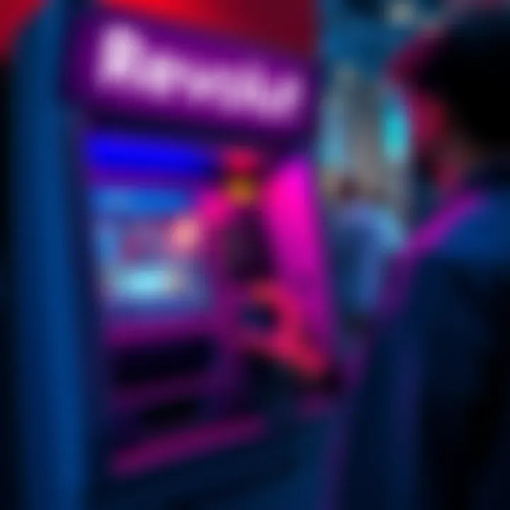 A person using a Revolut ATM in Barcelona, displaying the card dispense screen and buttons, with a tech conference backdrop.