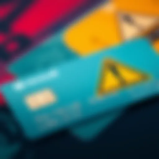 Close-up of a Revolut debit card next to a warning symbol indicating hidden fees, representing caution for shoppers