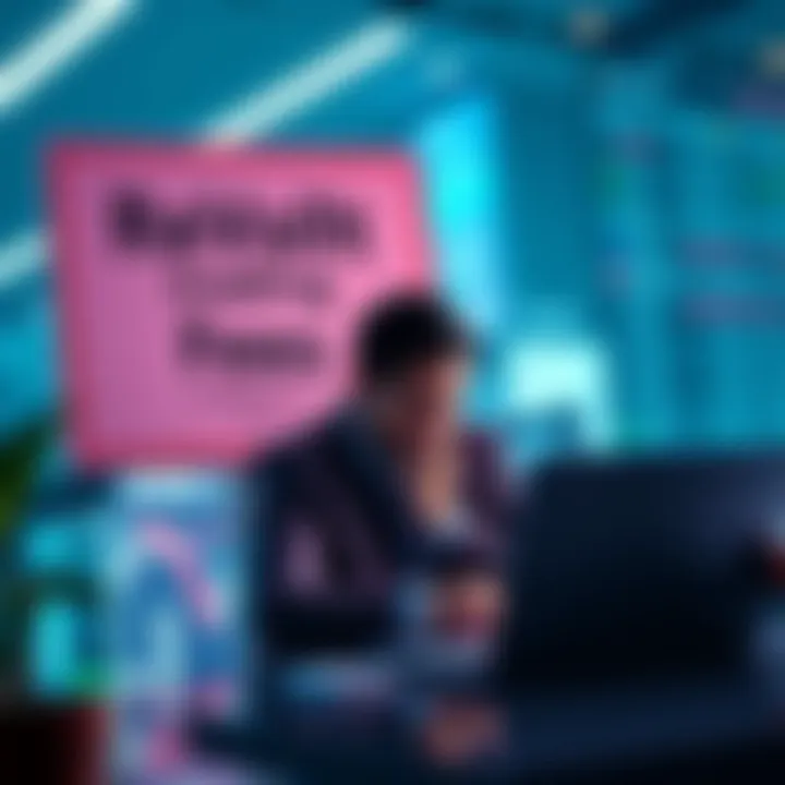 A sign showing reduced trading fees with a worried trader looking at stock charts on a laptop.
