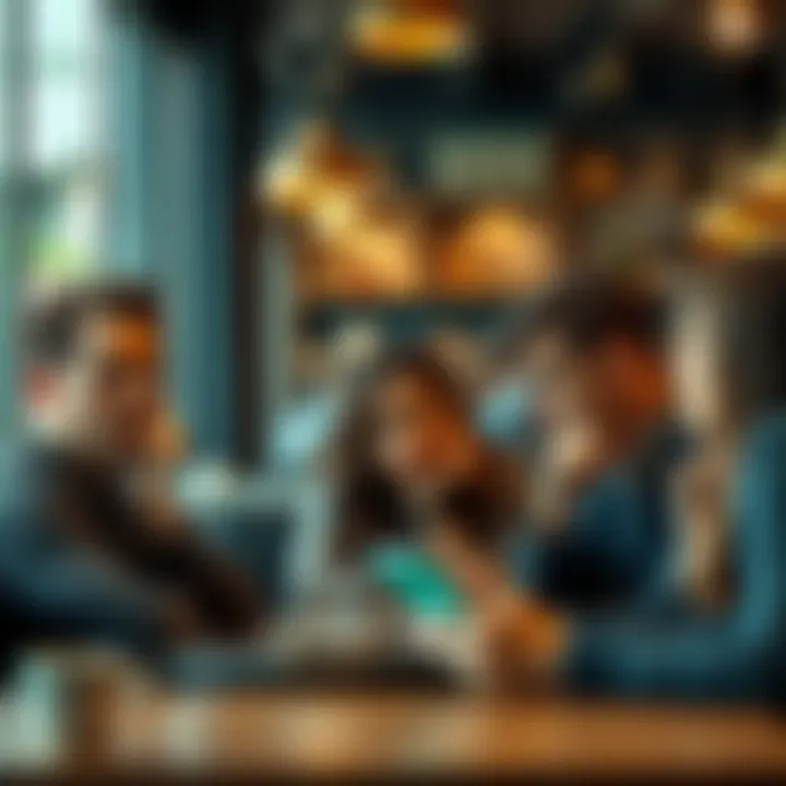 A group of people expressing frustration in a café over a mobile app update