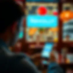 A person looking at a smartphone displaying Revolut's app features while sitting in a Turkish cafe, with a currency exchange sign in the background.