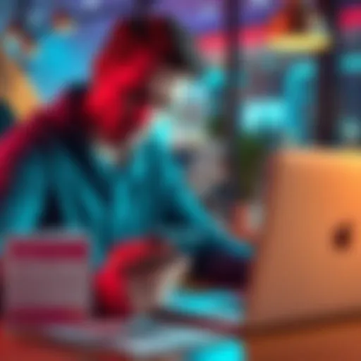 A frustrated Revolut user looks at their phone, showing a failed transfer notification, while sitting at a table with a laptop and a canceled subscription notice next to them.