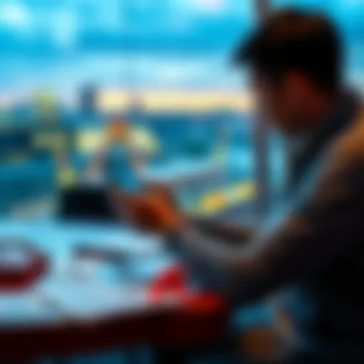 A person sitting at a table, looking at the Revolut mobile app on their smartphone, with travel documents nearby