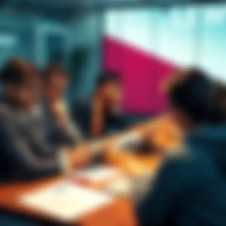 A group of people looking concerned while discussing Revolut account restrictions at a table with laptops and papers