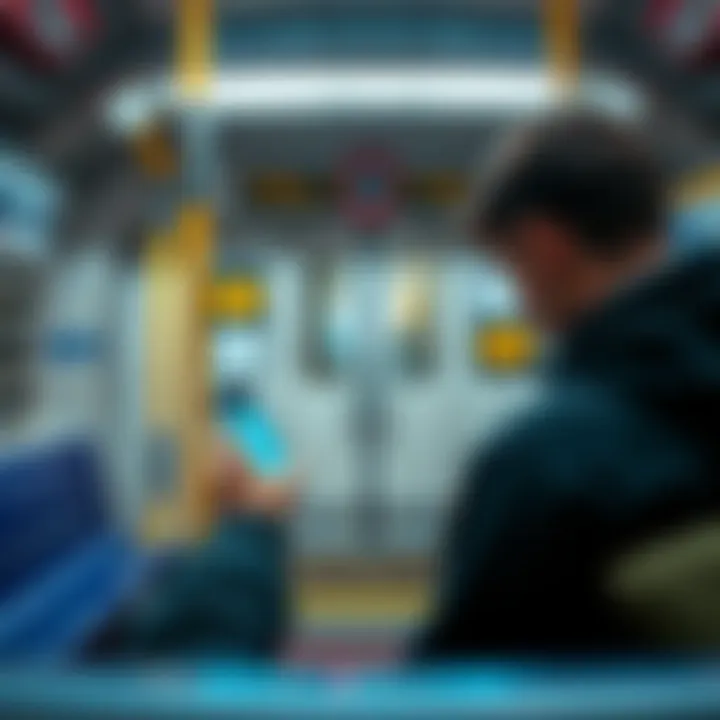 A person using a smartphone on the London Underground, looking for WiFi connection, with TFL logos visible