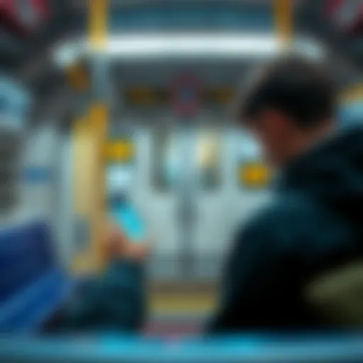 Revolut Users on TFL Tube A person using a smartphone on the London Underground, looking for WiFi connection, with TFL logos visible