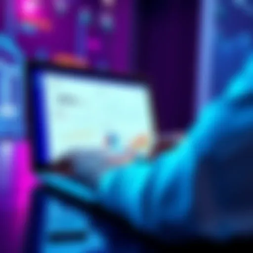 A laptop screen showing financial analytics and budget charts with a user interacting with the app.