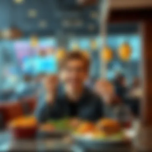 A person happily eating a delicious meal at a restaurant, celebrating a recent successful investment