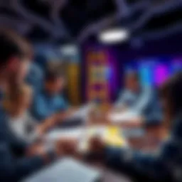 A group of people discussing strategies to complete a rewards ladder efficiently, with charts and notes on a table