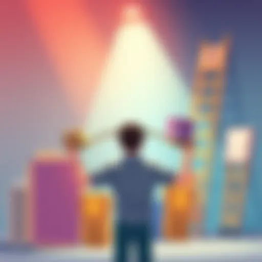 A person weighing options between tier jumping and completing challenges for rewards, with parcels and a rewards ladder in the background.