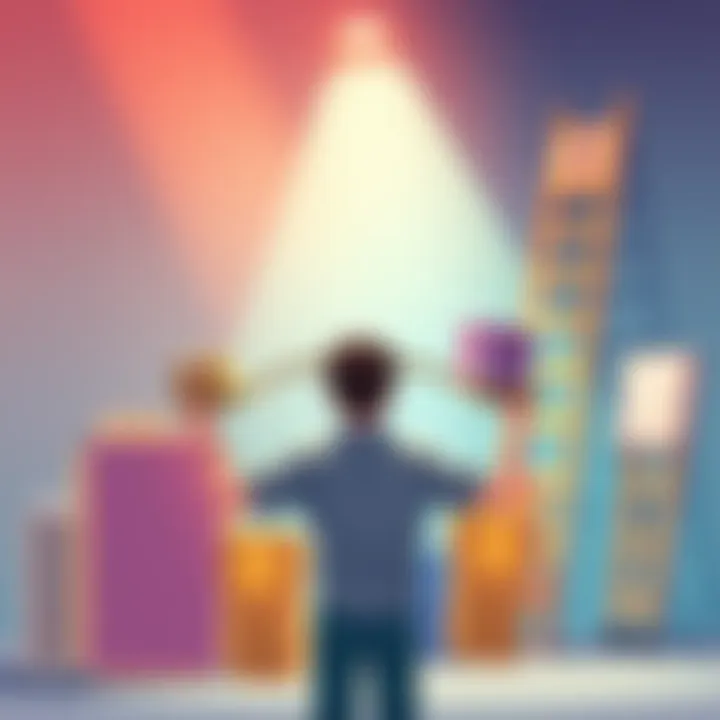 A person weighing options between tier jumping and completing challenges for rewards, with parcels and a rewards ladder in the background.