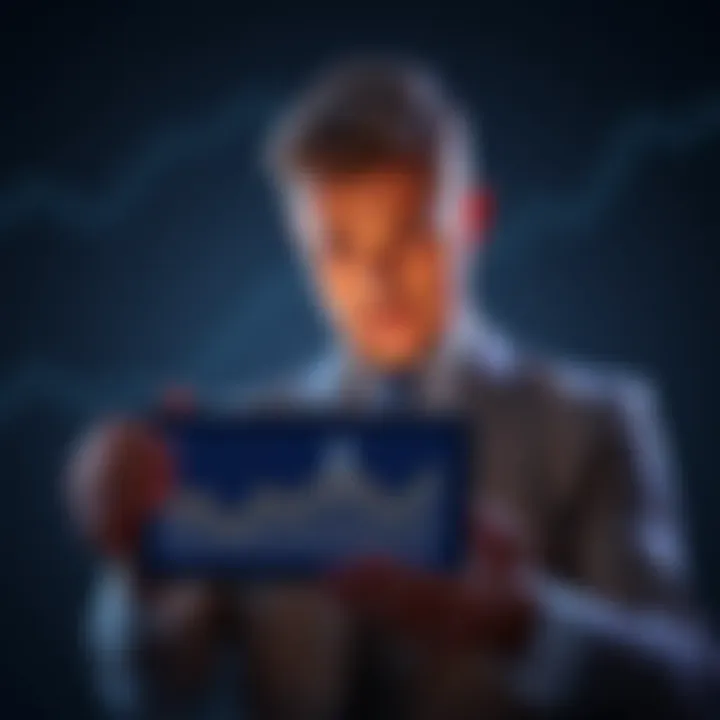 A worried businessman holding a digital tablet showing Ethereum's logo and declining graph
