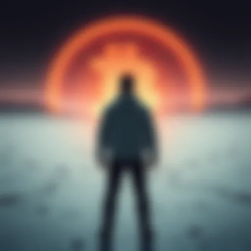 Richard Hart standing alone in a sparse environment, symbolizing isolation in the crypto community, with digital currency icons in the background.